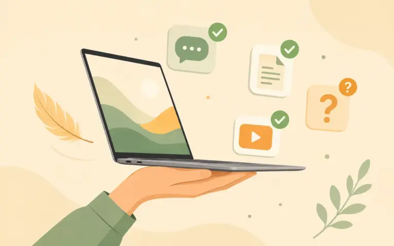 한 손에 가볍게 들린 초경량 노트북과 체크 표시가 붙은 앱 아이콘들 일러스트
